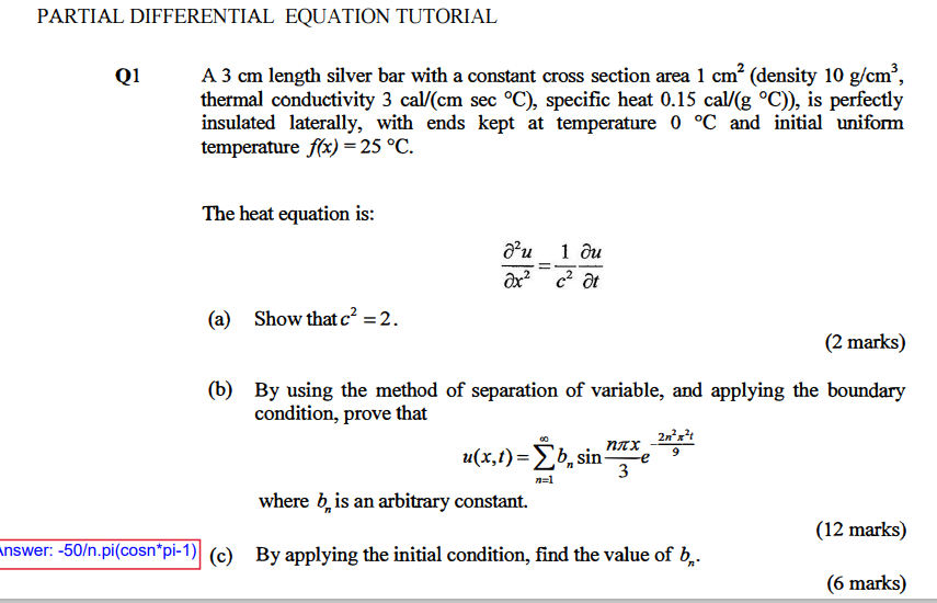 Solved PARTIAL DIFFERENTIAL EQUATION TUTORIAL Q1 A 3 cm | Chegg.com