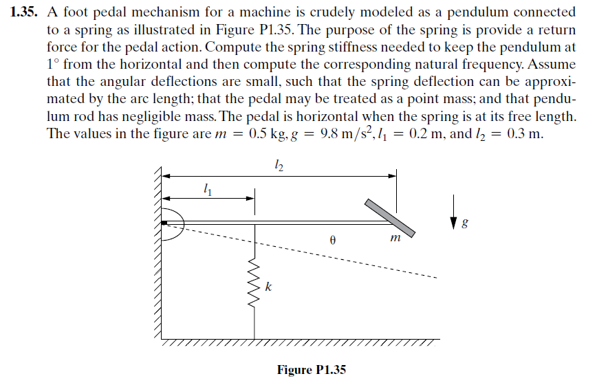 .35. A foot pedal mechanism for a machine is crudely modeled as a pendulum connected to a spring as illustrated in Figure P1.