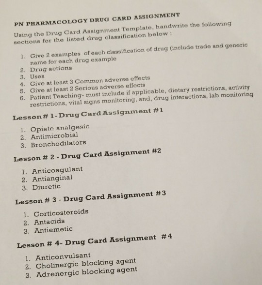 pharmacology drug card assignment