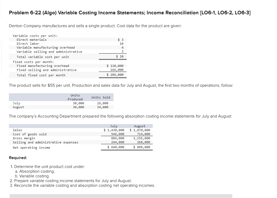 Solved Problem 6-22 (Algo) Variable Costing Income | Chegg.com
