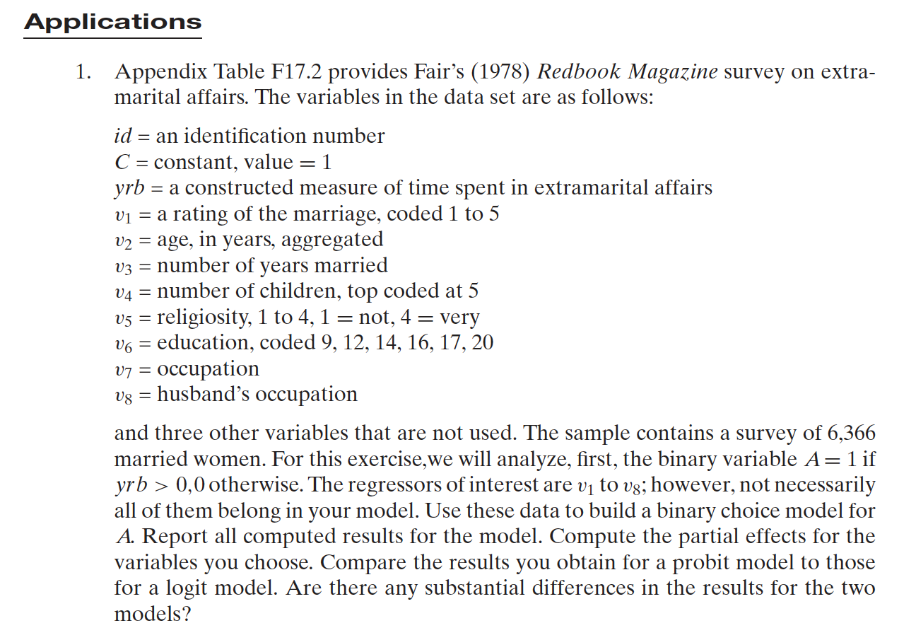 Applications 1. Appendix Table F17.2 provides Fair's | Chegg.com