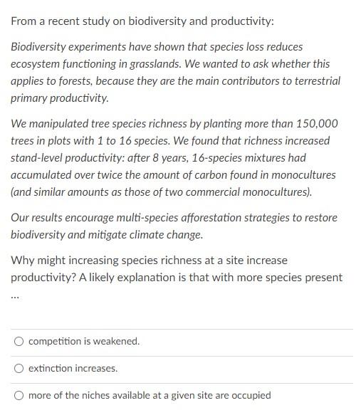 Solved From a recent study on biodiversity and productivity: | Chegg.com