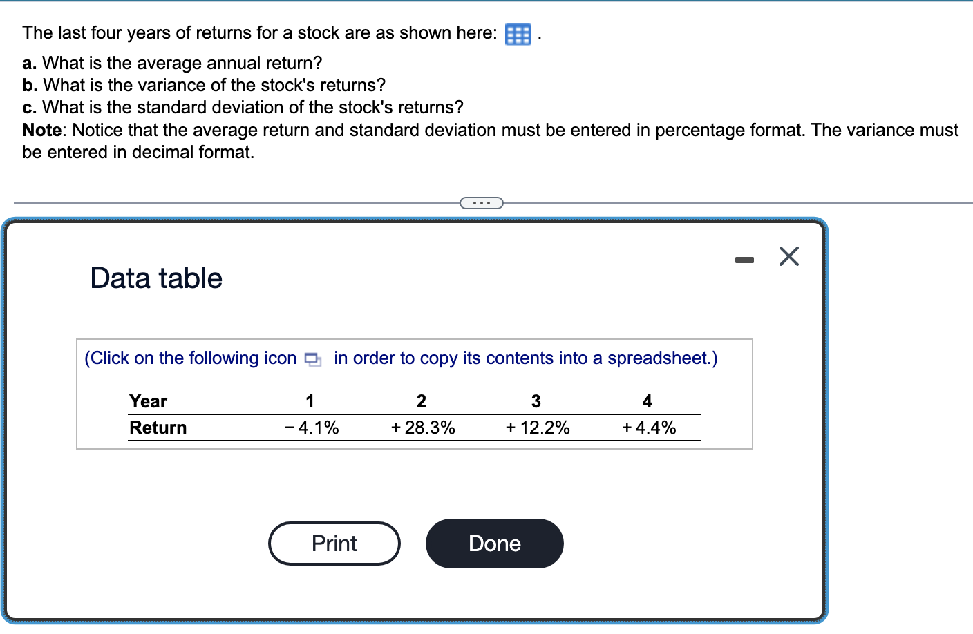 Solved The last four years of returns for a stock are as | Chegg.com