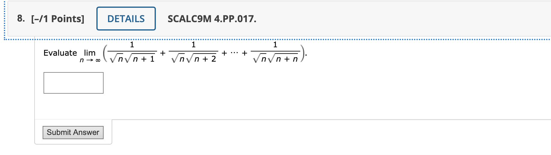 Solved [-/1 Points] SCALC9M 4.PP.017. Evaluate | Chegg.com