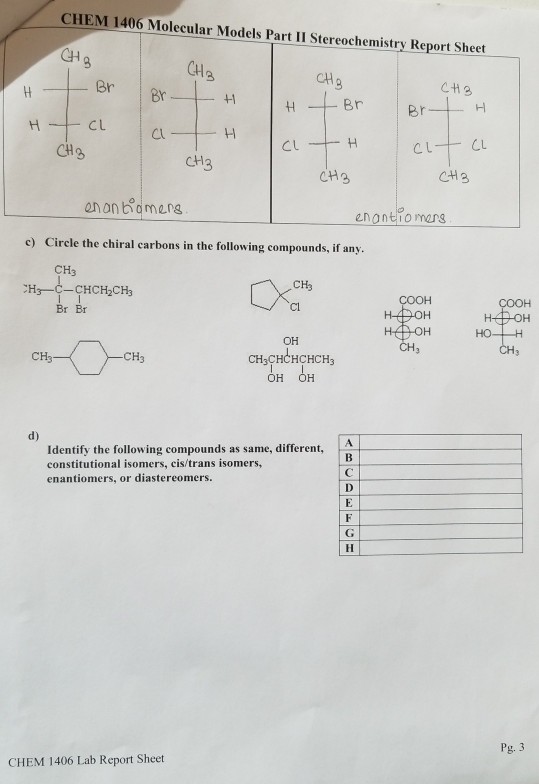 Solved CHEM 1406 Molecular Models Part II Stereochemistry