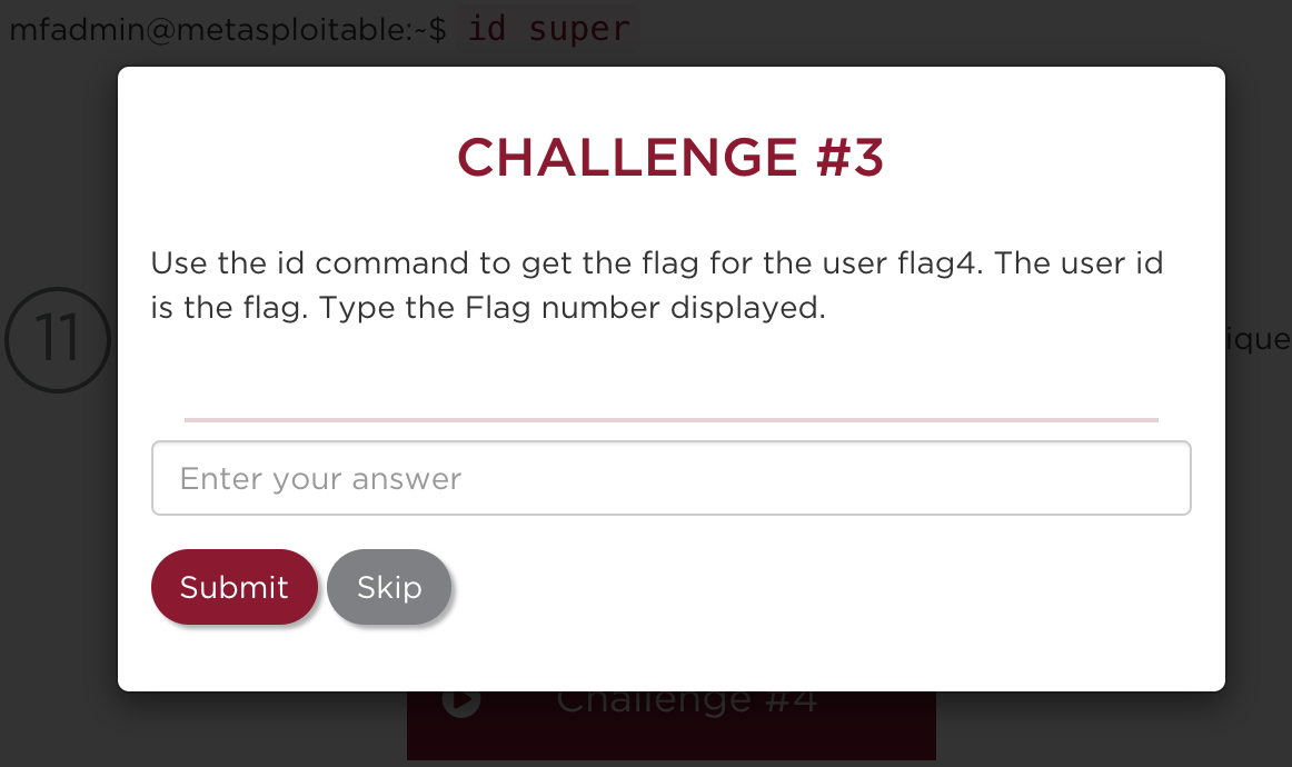 Solved mfadmin@metasploitable:~$ id super CHALLENGE #3 Use | Chegg.com