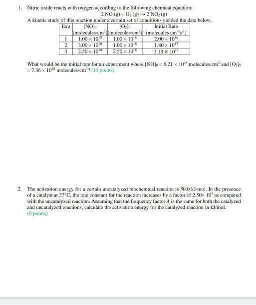 Solved 1. Nitric oxide reacts with oxygen according to the