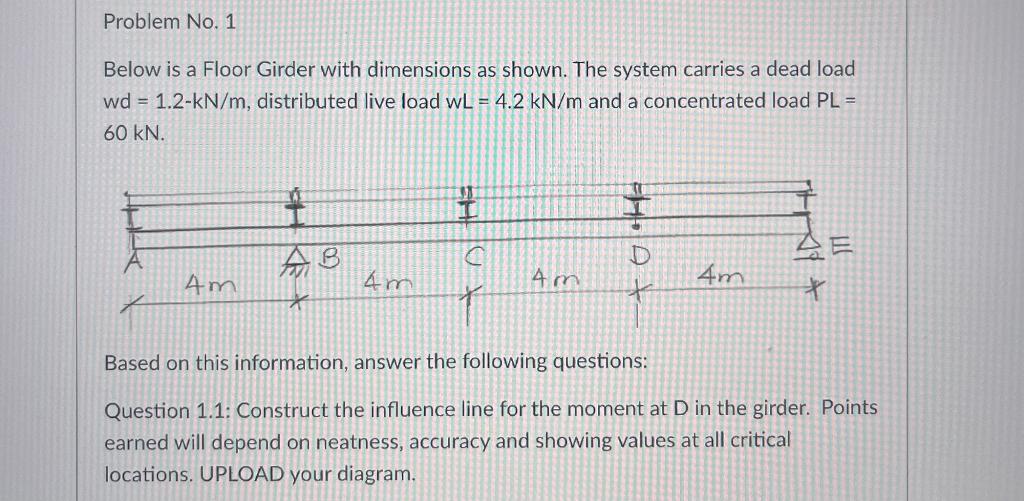 Below is a Floor Girder with dimensions as shown. The system carries a dead load \( \mathrm{wd}=1.2-\mathrm{kN} / \mathrm{m}