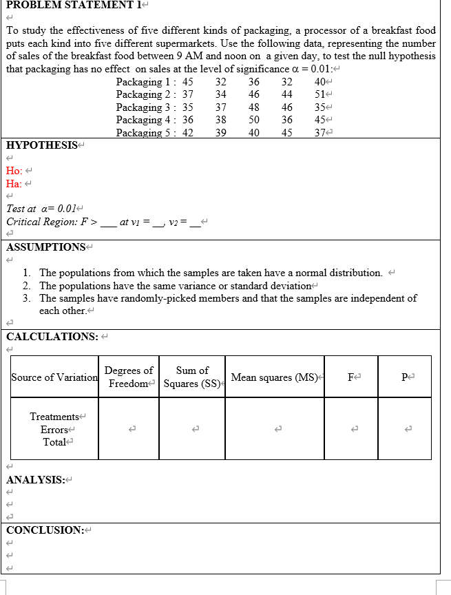 PROBLEM STATEMENT 14
To study the effectiveness of five different kinds of packaging, a processor of a breakfast food
puts ea