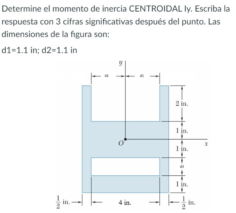 Determine el momento de inercia CENTROIDAL Iy. Escriba la respuesta con 3 cifras significativas después del punto. Las dimens