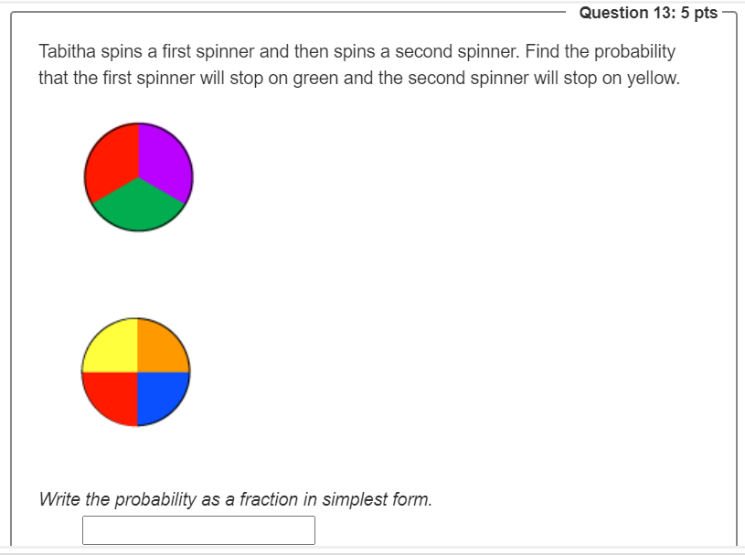 Solved Question 13: 5 pts Tabitha spins a first spinner and | Chegg.com