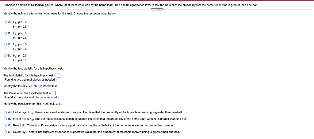 Solved Consider a sample of 54 football games, where 29 of | Chegg.com