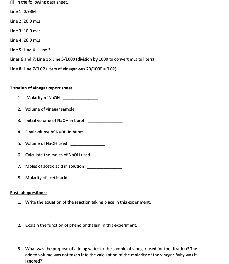 Solved Hi, I need some help with my Chemistry Lab - Vinegar | Chegg.com