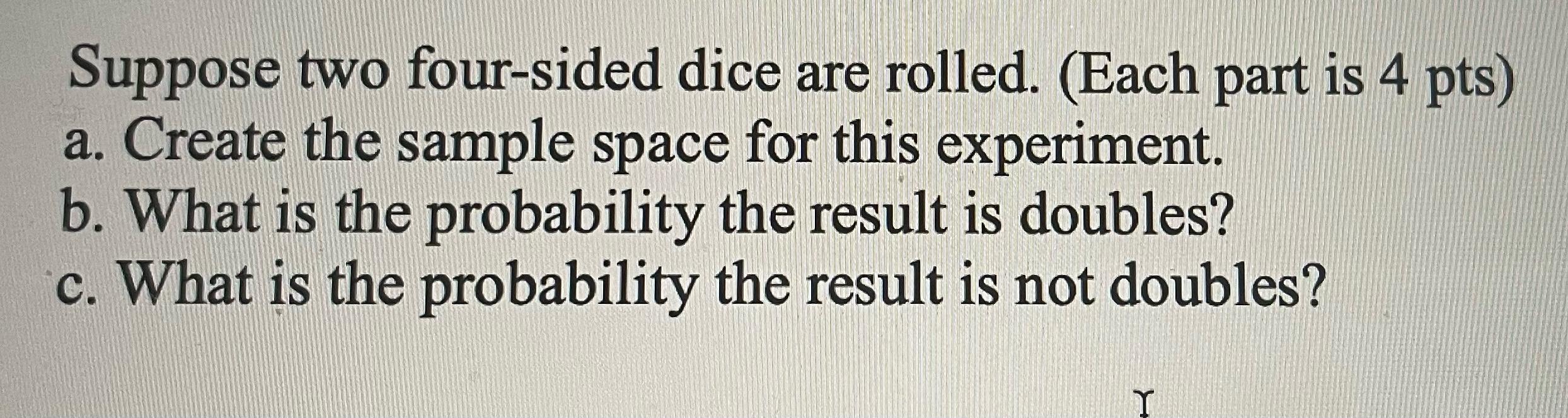 Solved Suppose two four-sided dice are rolled. (Each part is | Chegg.com