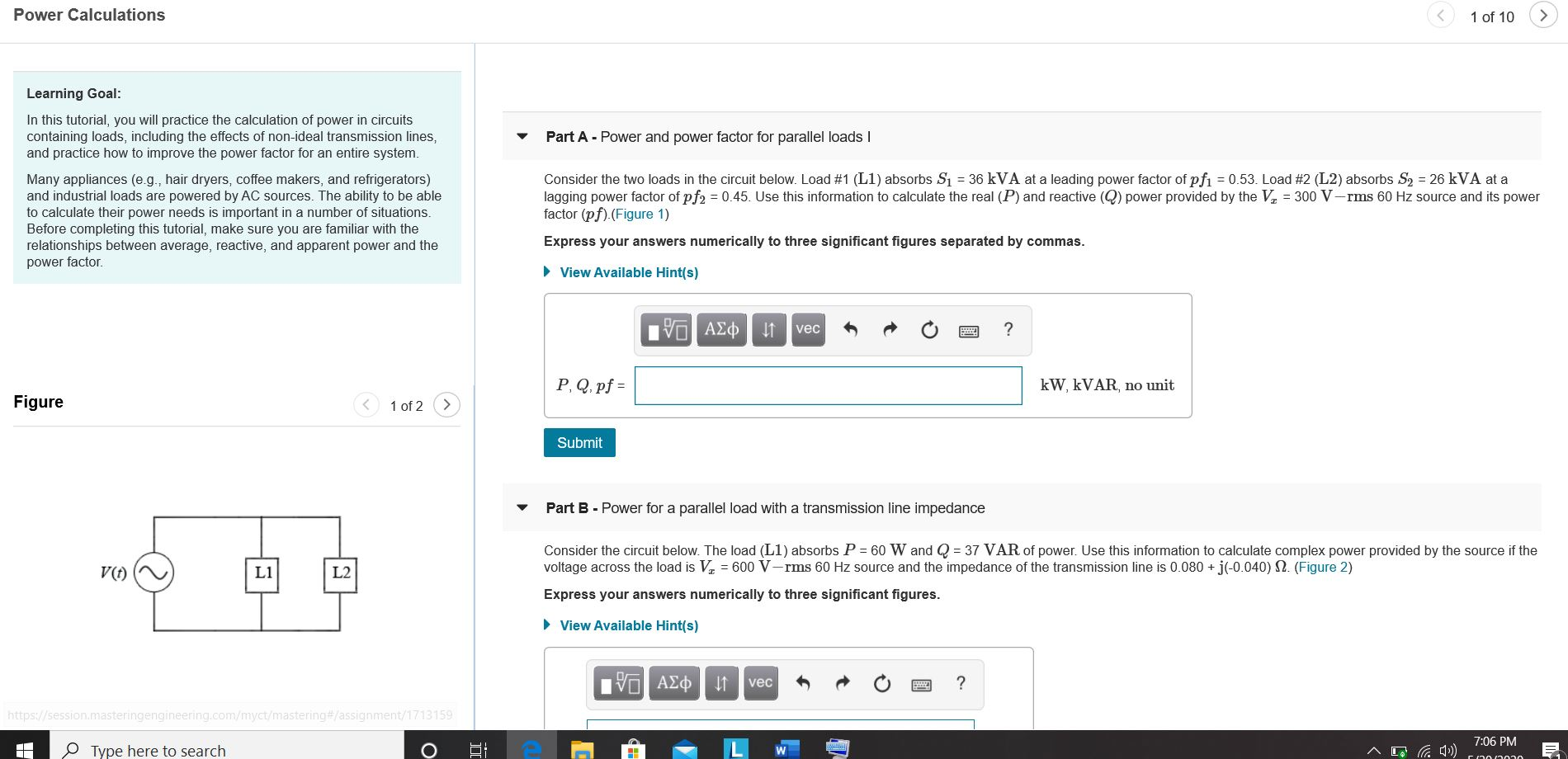 Solved Part C-Power factor correction Consider the two loads | Chegg.com