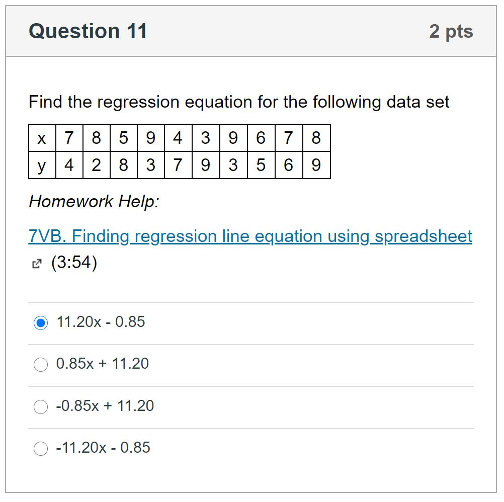 Solved Question 11 2 pts Find the regression equation for | Chegg.com