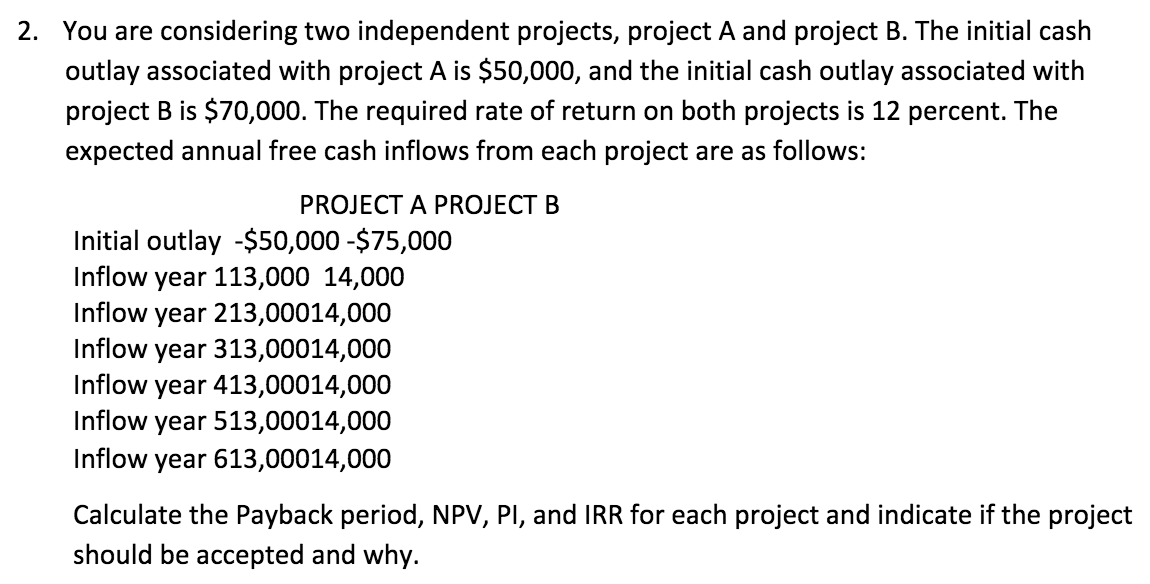 Solved 2. You Are Considering Two Independent Projects, | Chegg.com