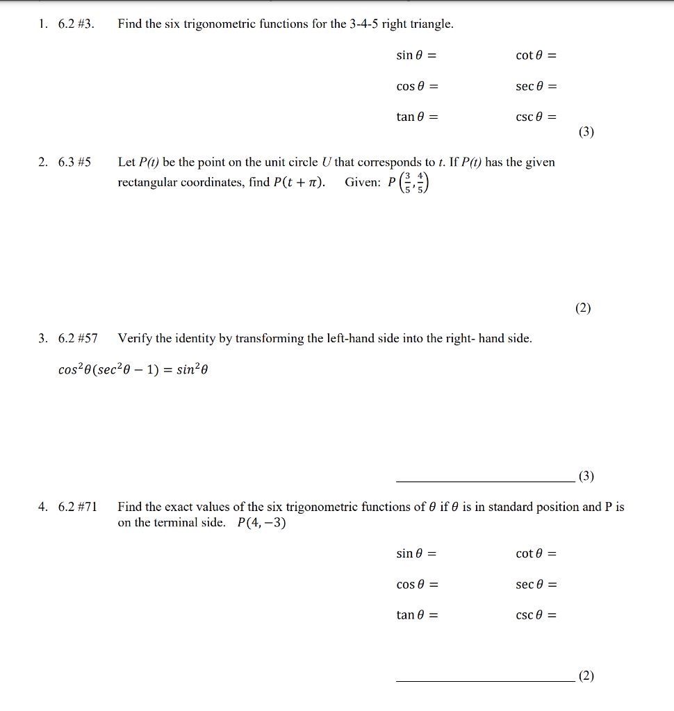 Solved 1 6 2 3 Find The Six Trigonometric Functions For Chegg Com