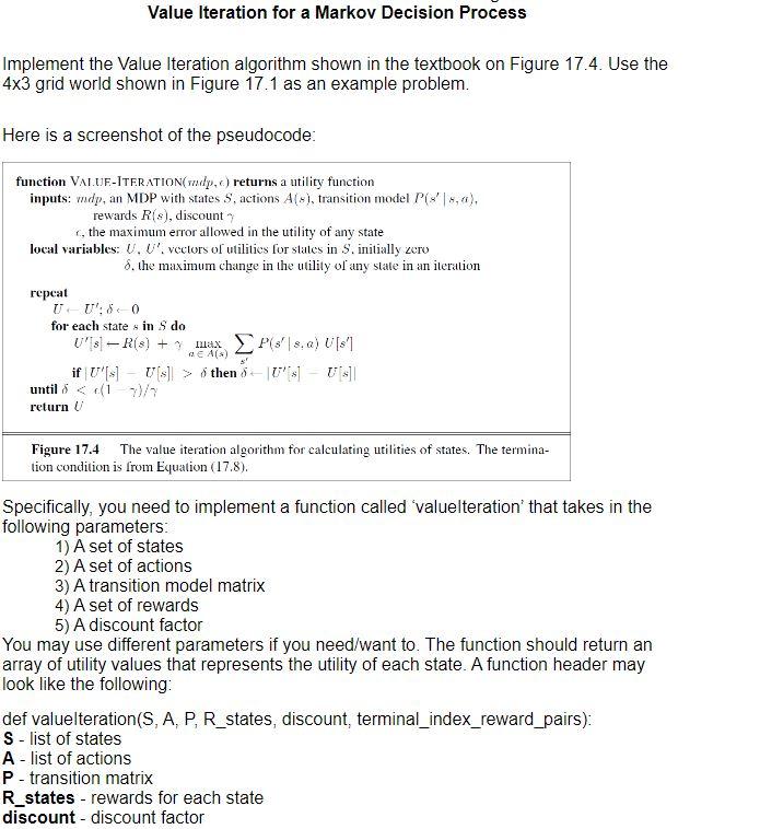 Value Iteration For A Markov Decision Process Chegg Com