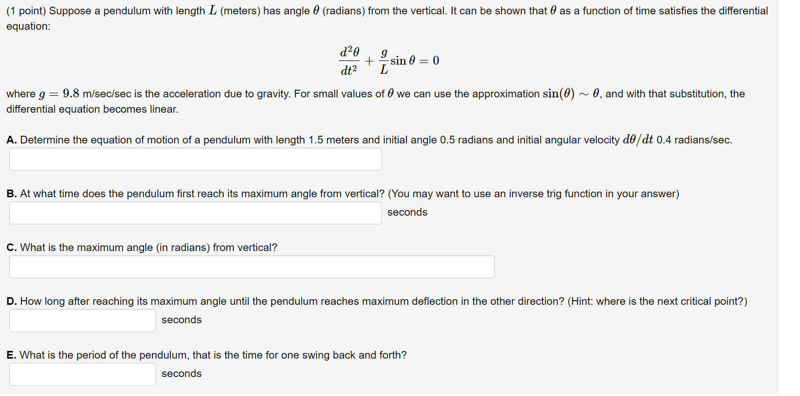 Solved (1 Point) Suppose A Pendulum With Length LL | Chegg.com