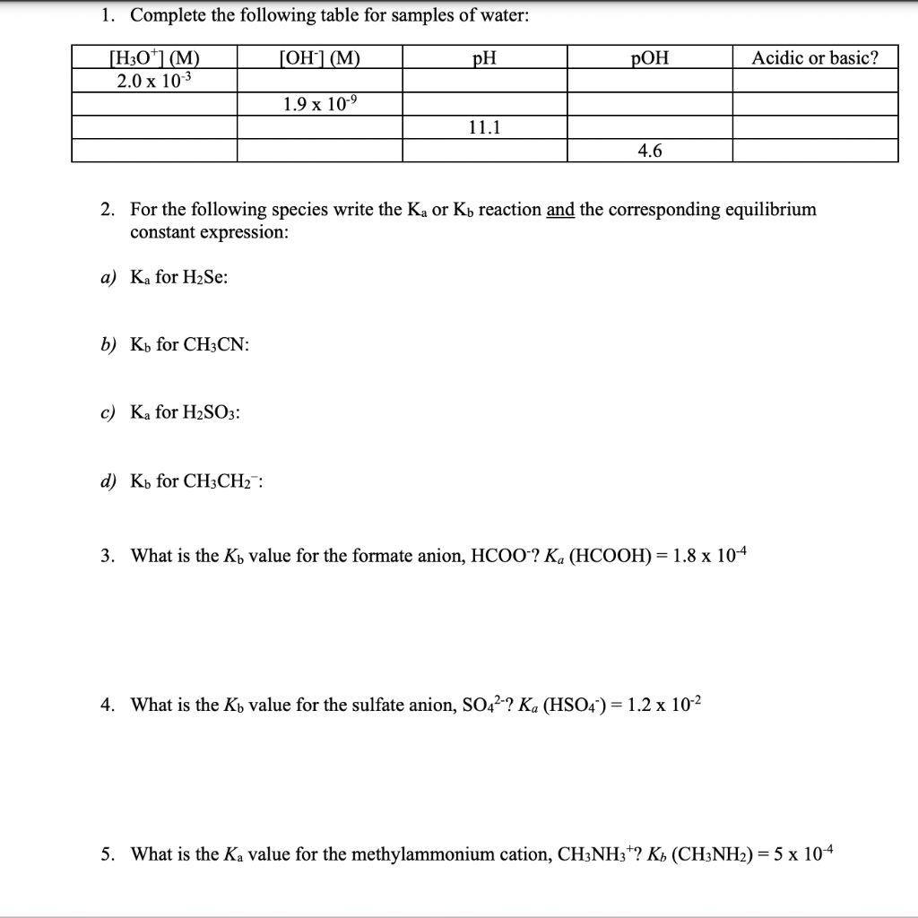 Solved 1. Complete the following table for samples of water: | Chegg.com