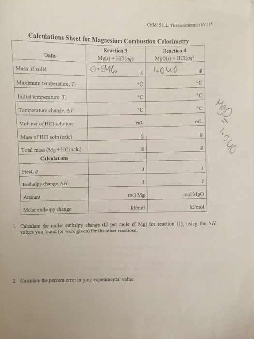 Solved 4ICHM151LL: THERMOCHEMISTRY Lab Report III Magnesium | Chegg.com