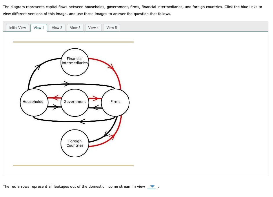 The diagram represents capital flows between households, government, firms, financial intermediaries, and foreign countries. 