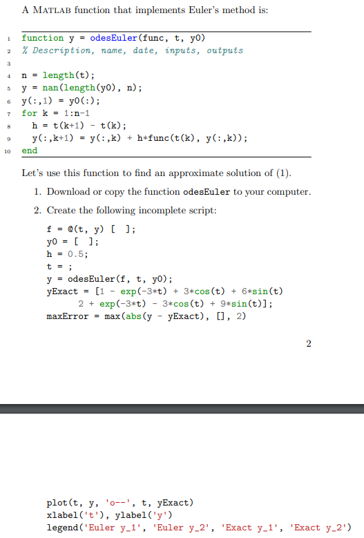 Solved function y = odesEuler(func, t, y0) % Description, | Chegg.com