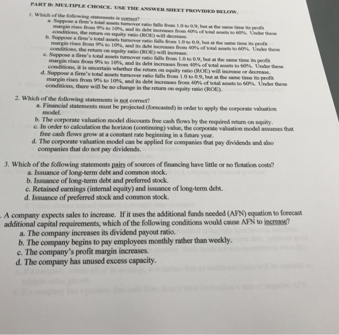 Solved PART B: MULTIPLE CHOICE. USE THE ANSWER SHEET | Chegg.com