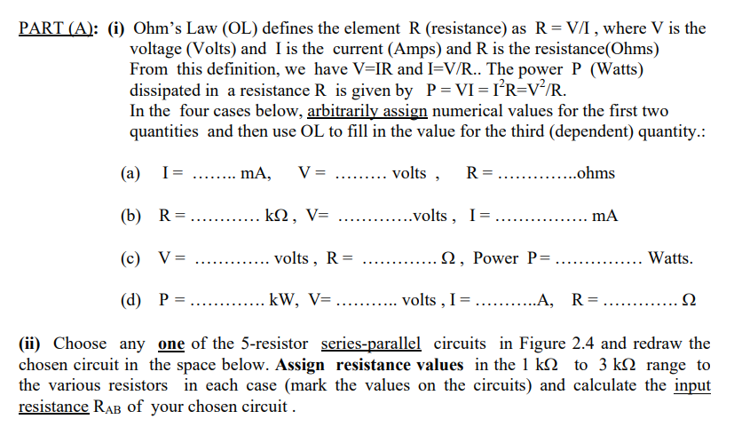 Solved Part A I Ohm S Law Ol Defines The Element R Chegg Com