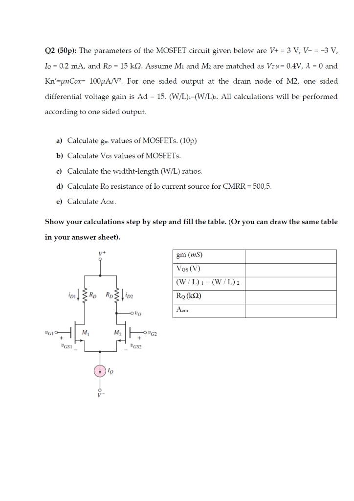 Solved The Parameters Of The Mosfet Circuit Given Below A Chegg Com