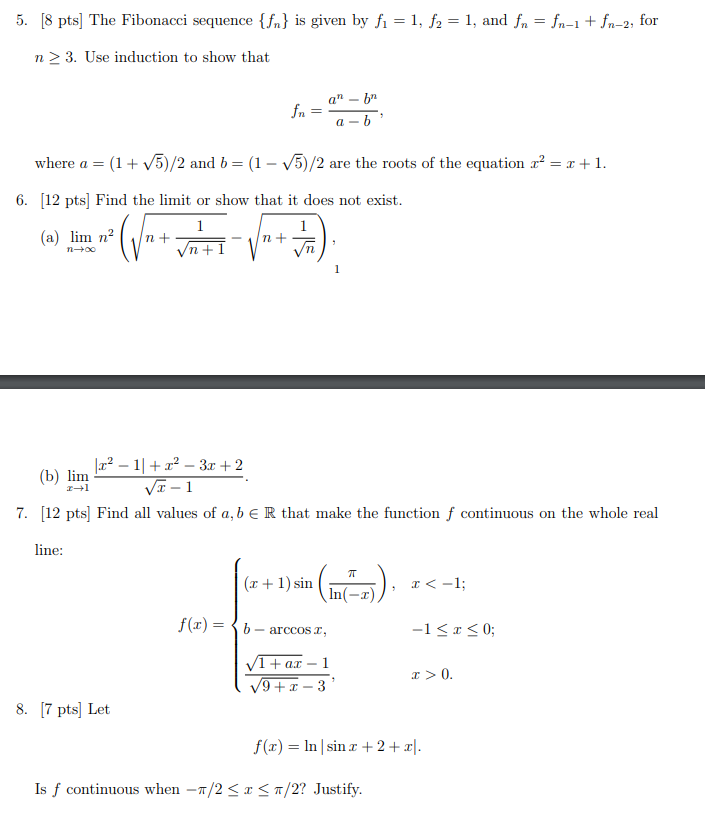 Solved 5. [8 pts] The Fibonacci sequence {fr} is given by fi | Chegg.com