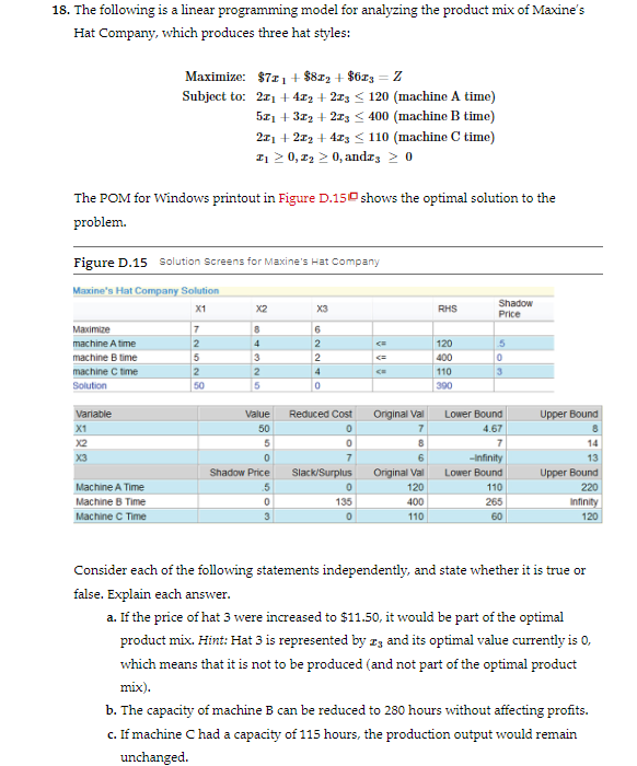 Solved 18. The following is a linear programming model for | Chegg.com