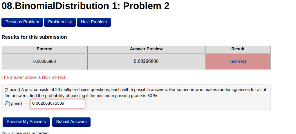 Solved 08.BinomialDistribution 1: Problem 2 Previous Problem | Chegg.com