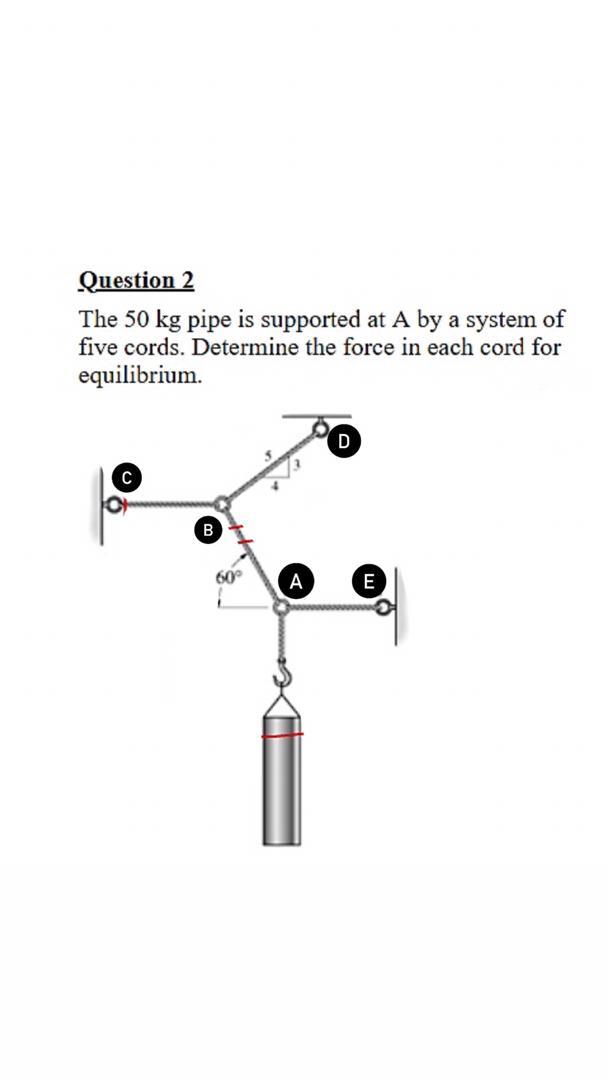 Solved Question 2 The 50 kg pipe is supported at A by a | Chegg.com