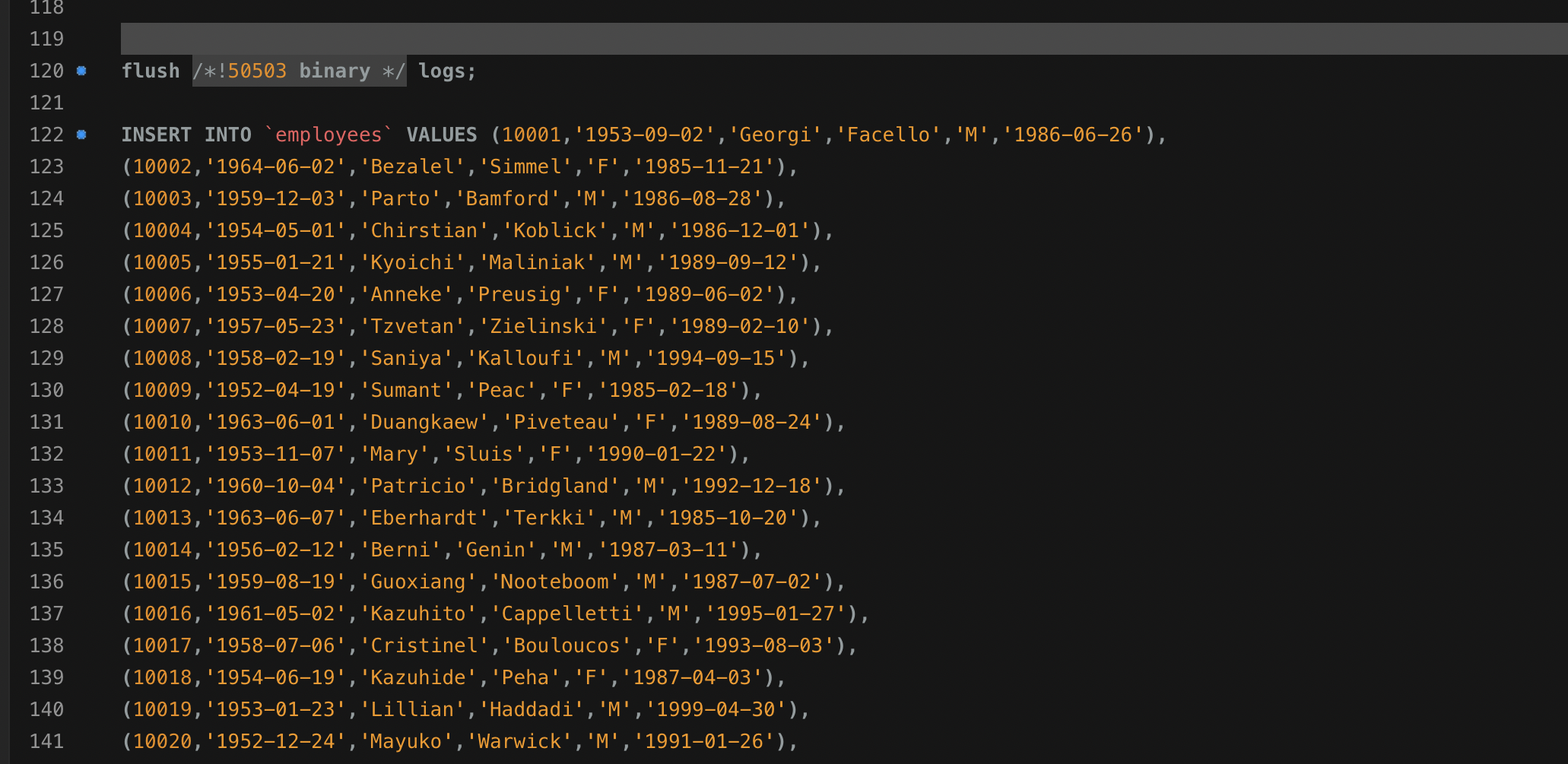 flush /*!50503 binary */ logs; 118 119 120 121 122