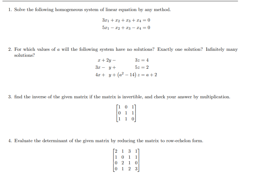 Solved 1. Solve the following homogeneous system of linear | Chegg.com