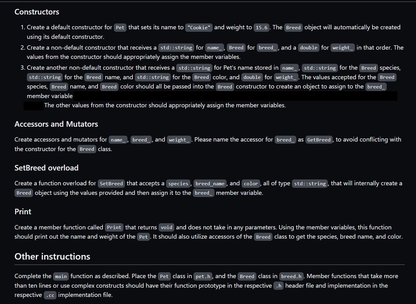 Solved Using C++, and files main.cc, pet.cc, pet.h, and | Chegg.com