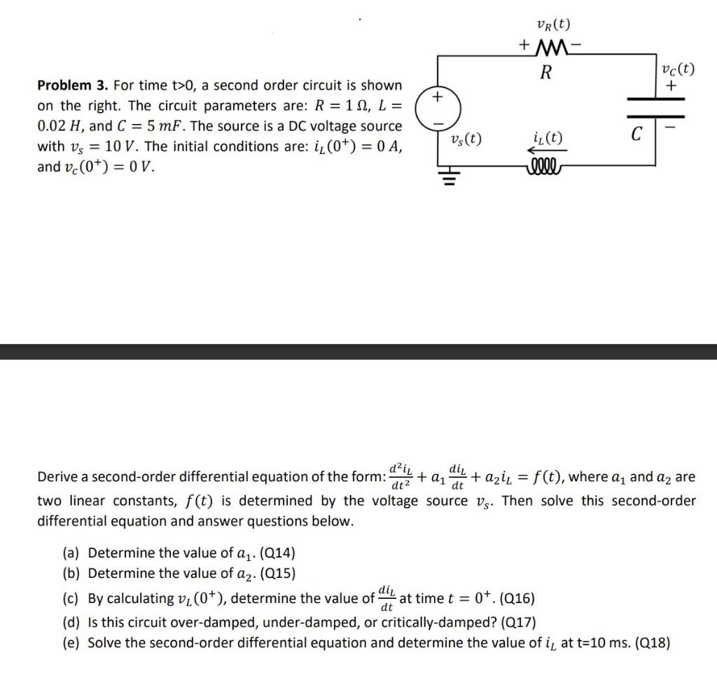 Solved Problem 3. For time t>0, a second order circuit is | Chegg.com