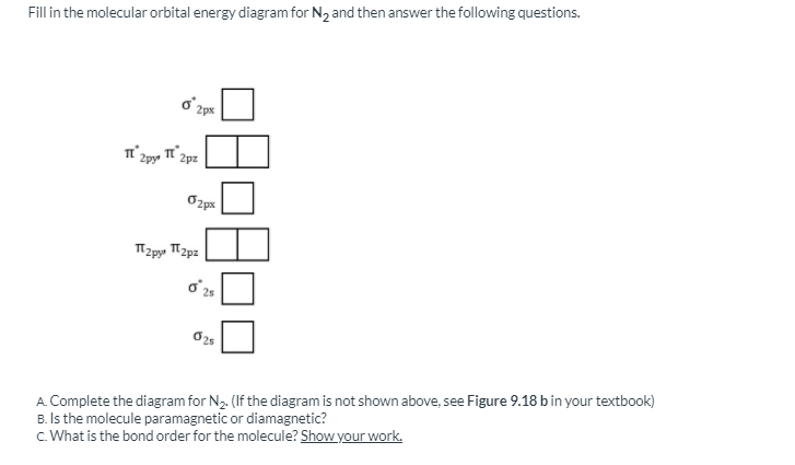 Solved Fill in the molecular orbital energy diagram for Ny | Chegg.com
