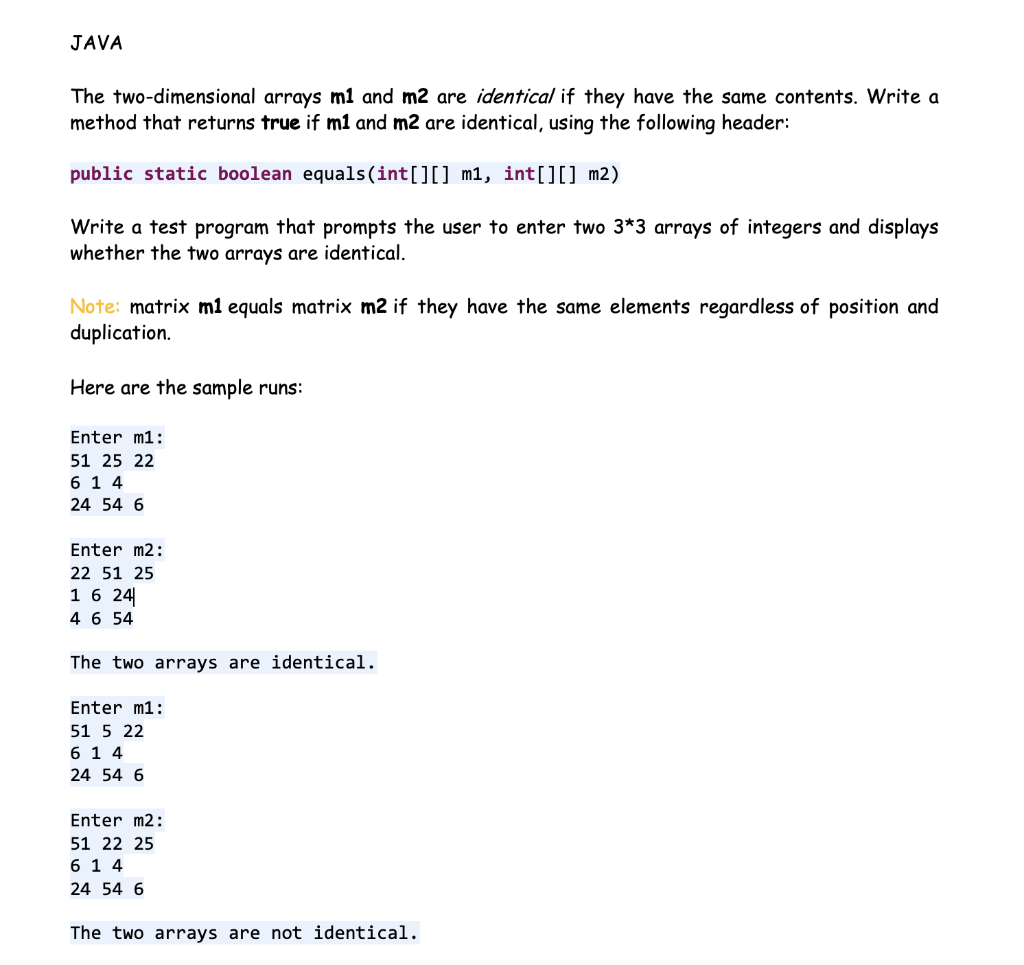 Solved JAVA The two-dimensional arrays ml and m2 are | Chegg.com