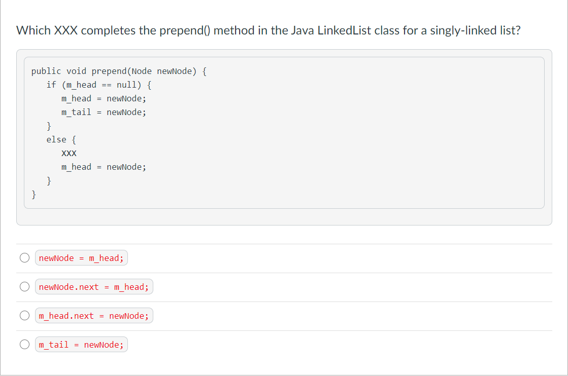 Solved Which Xxx Completes The Prepend() Method In The Java | Chegg.Com