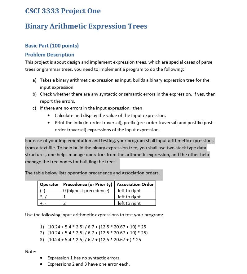 Solved CSCI 3333 Project One Binary Arithmetic Expression | Chegg.com