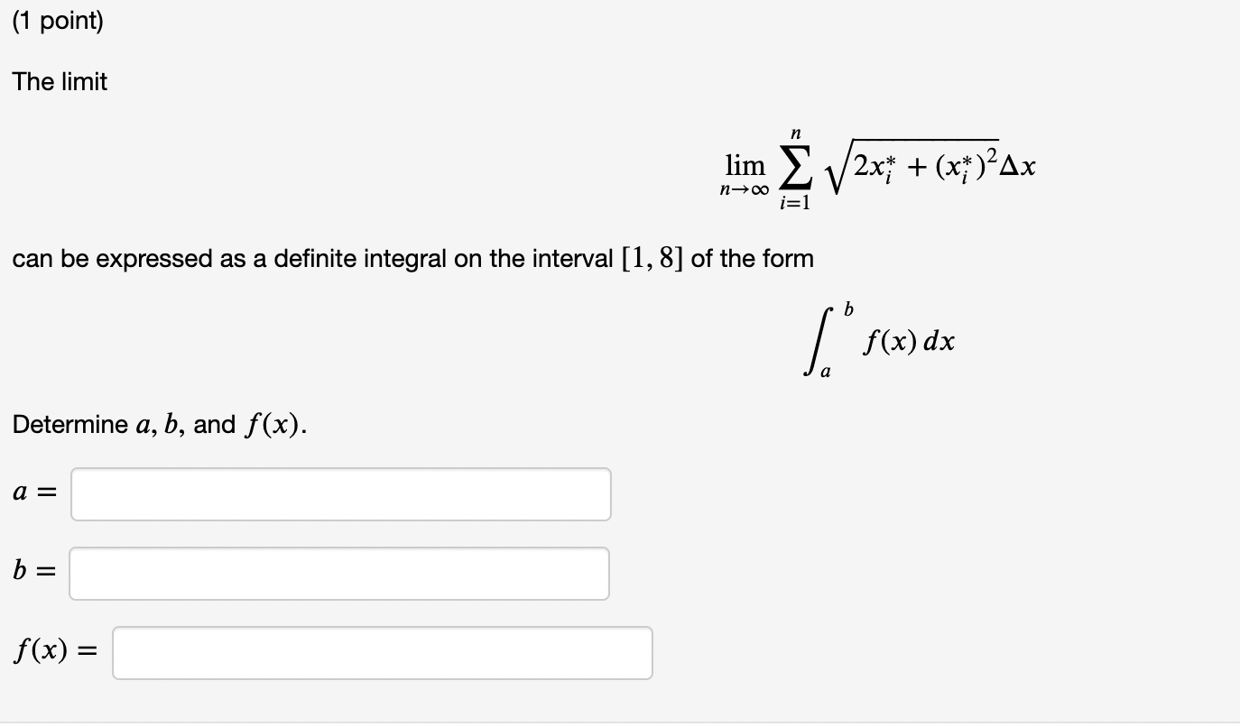 Solved 1 Point The Limit N Lim E V2x X Ax Nº I 1 Ca Chegg Com