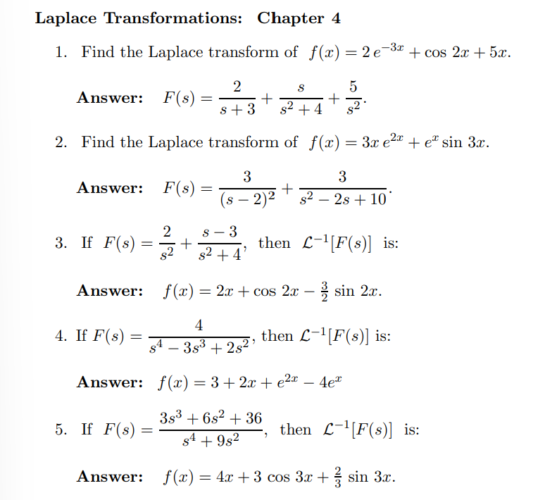 Solved 1. Find the Laplace transform of f(x)=2e−3x+cos2x+5x. | Chegg.com