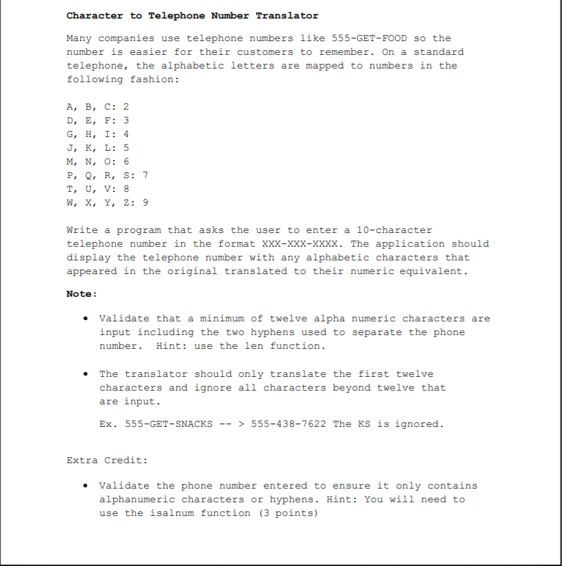 Solved Character To Telephone Number Translator Many Comp Chegg Com