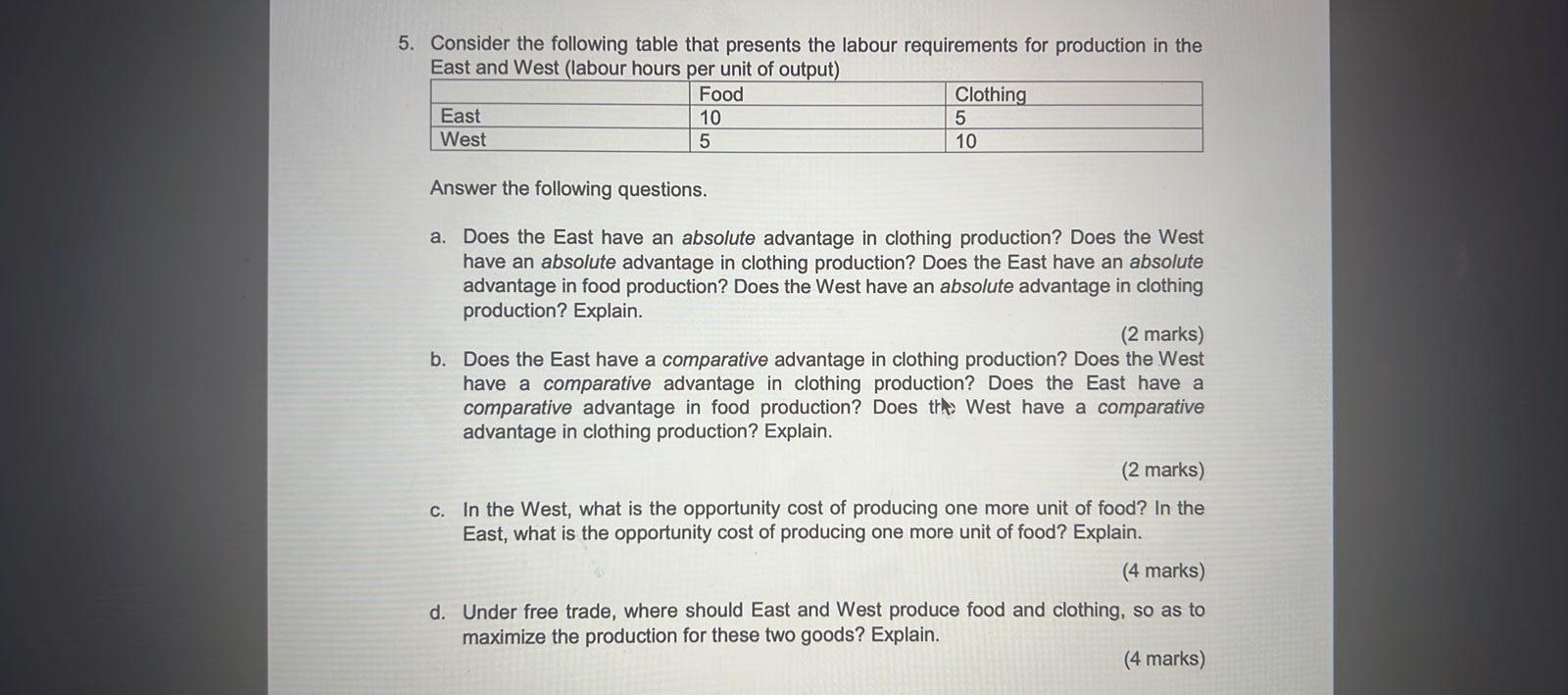 5. Consider the following table that presents the labour requirements for production in the East and West (labour hours ner u