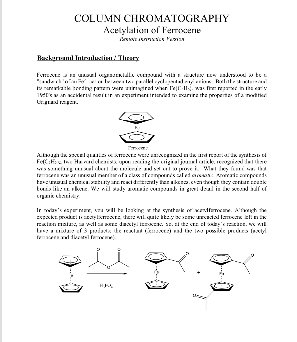 Column Chromatography Acetylation Of Ferrocene Remote Chegg 