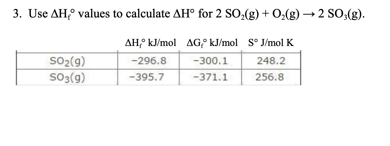 Solved 3. Use ΔHf∘ values to calculate ΔH∘ for 2SO2( g)+O2( | Chegg.com