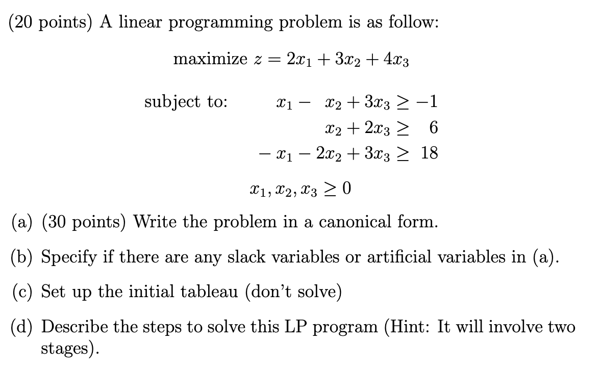 Solved (20 points) A linear programming problem is as | Chegg.com